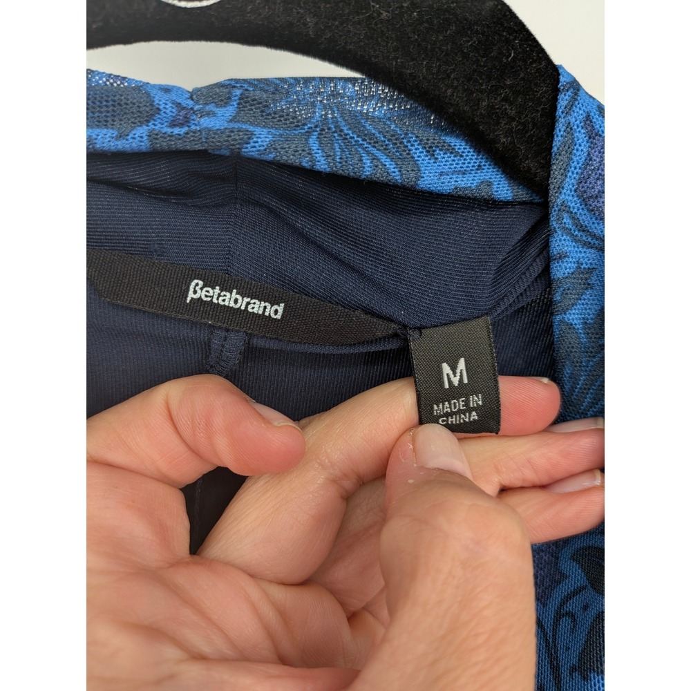Betabrand Faux Wrap Midi Dress Women Medium Blue Floral Mesh Ruched 3/4 Sleeve - Picture 5 of 7